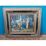 Italian interior scene oleograph mounted in gilt frame {133 cm H x 160 cm W}.