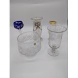 Collection of various glass vases including a Thomand Irish cut crystal vase {16 cm H x 23 cm H}.