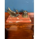 Marble and bronze desk set in the Art Deco style. { 11 cm H X 23 cm W X 12 cm D }.