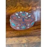 Turkish bead work smokers cap with precious stones. { 8 cm H X 18 cm W}.