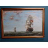 Sailing Boat oil on canvas mounted in gilt frame {65 cm H x 102 cm W}.