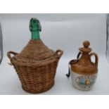 20th C. wine bottle in wicker basket and Bunratty Irish Mead stoneware flagon {32 cm H x 25 cm W x
