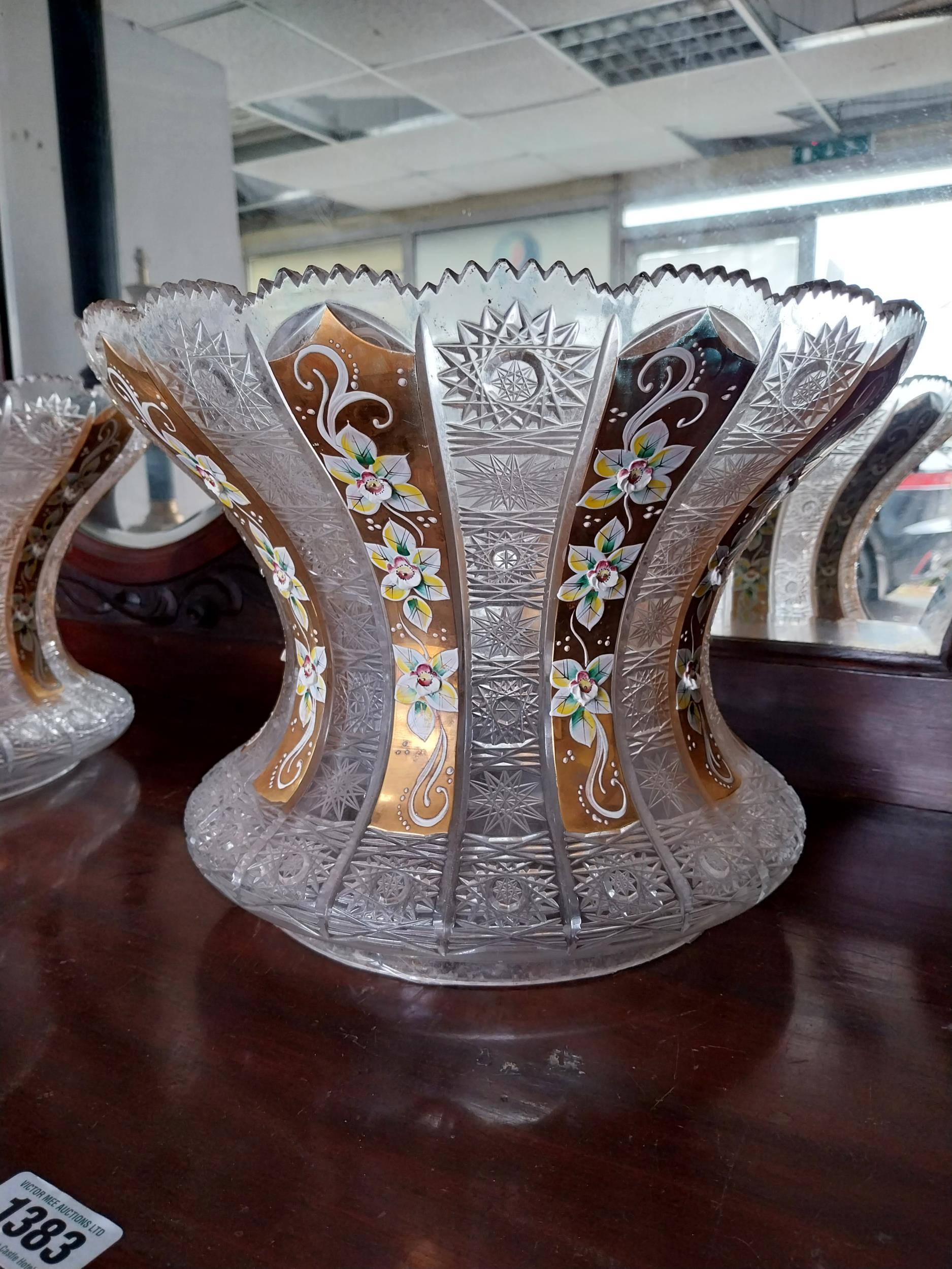 Pair of Bohemian cut crystal shades one with damage. {26 cm H x 36 cm Diam}. - Image 2 of 3