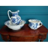 Early 20th C. blue and white Doulton ceramic jug and basin set {36 cm H x 37 cm Dia. And 36 cm H x