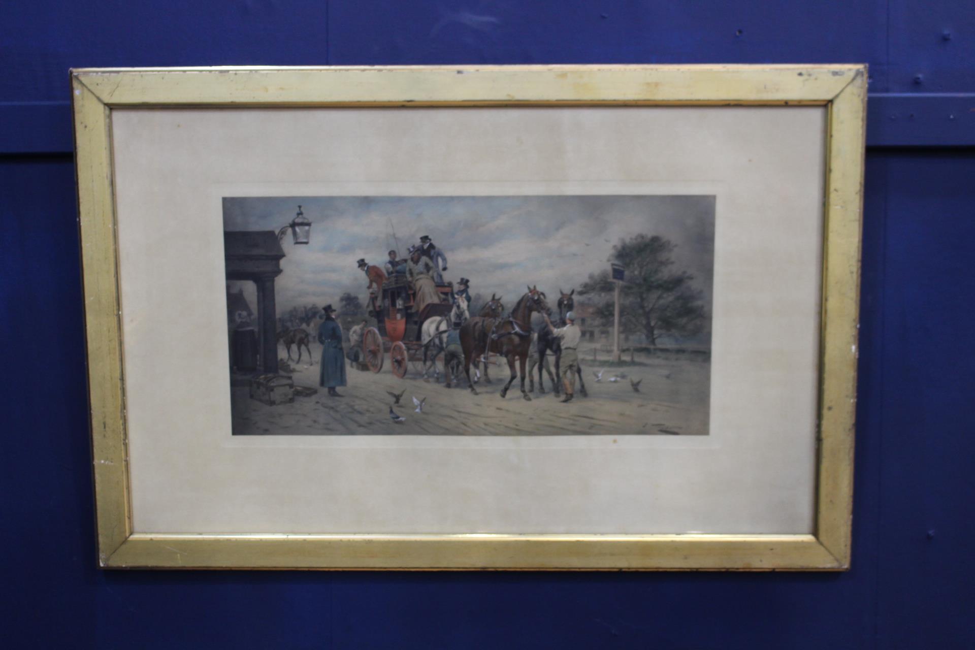 Pair of Coach and horse coloured prints mounted in gilt frame {H 51cm x W 76cm}. - Image 3 of 3