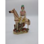 19th C. Staffordshire ceramic figure of Gentleman on horseback. { 19 cm H x 13 cm W x 6 cm D].