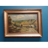 19th C. Village scene oil on canvas mounted in giltwood frame {43 cm H x 58 cm W}.