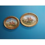 Pair of Hunting scenes oil on board mounted in giltwood frames {42 cm H x 52 cm W}.