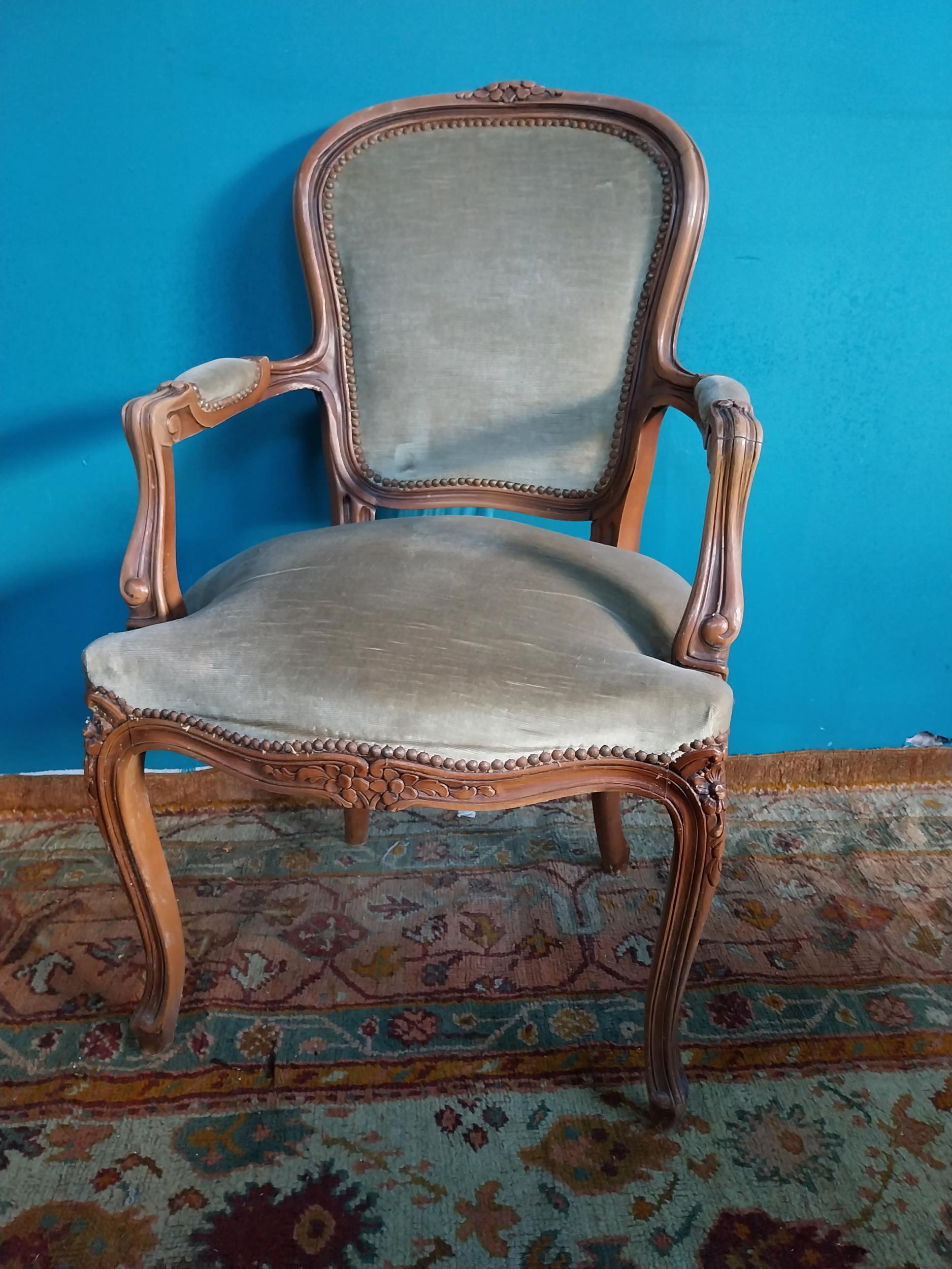 Pair of vintage French walnut and upholstered armchairs raised on cabriole legs and single chair {97 - Image 4 of 6