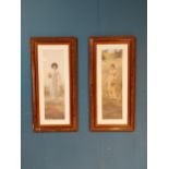 Pair of Vintage coloured prints mounted walnut frames {86 cm H x 40 cm W}.