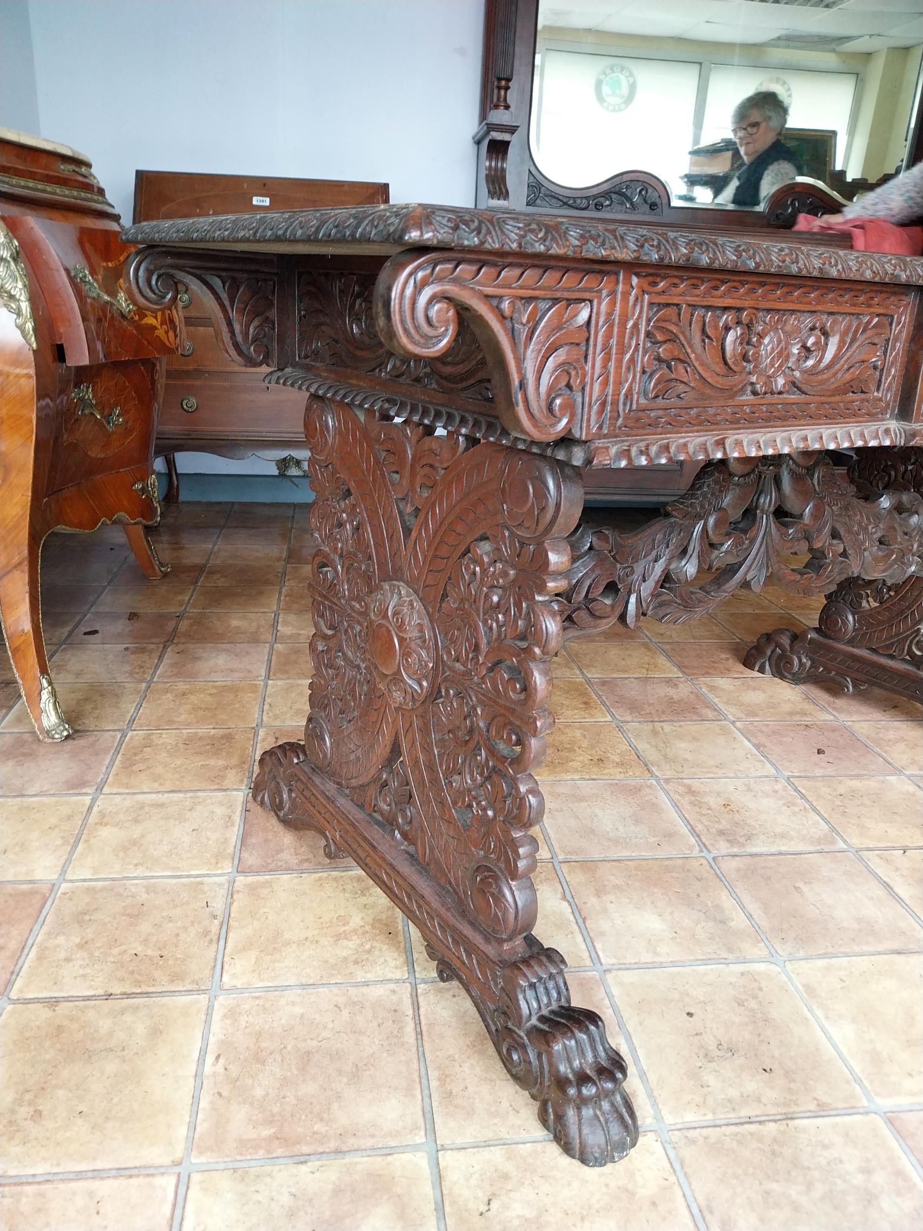 19th C. carved rosewood Oriental centre table with single drawer in frieze decorated with - Image 3 of 4