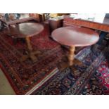 Pair of mahogany circular bar - café - restaurant table on turned column and platform base {65 cm