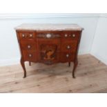 Good quality French side cabinet with marble top, marquetry inlay and ormolu mounts raised on