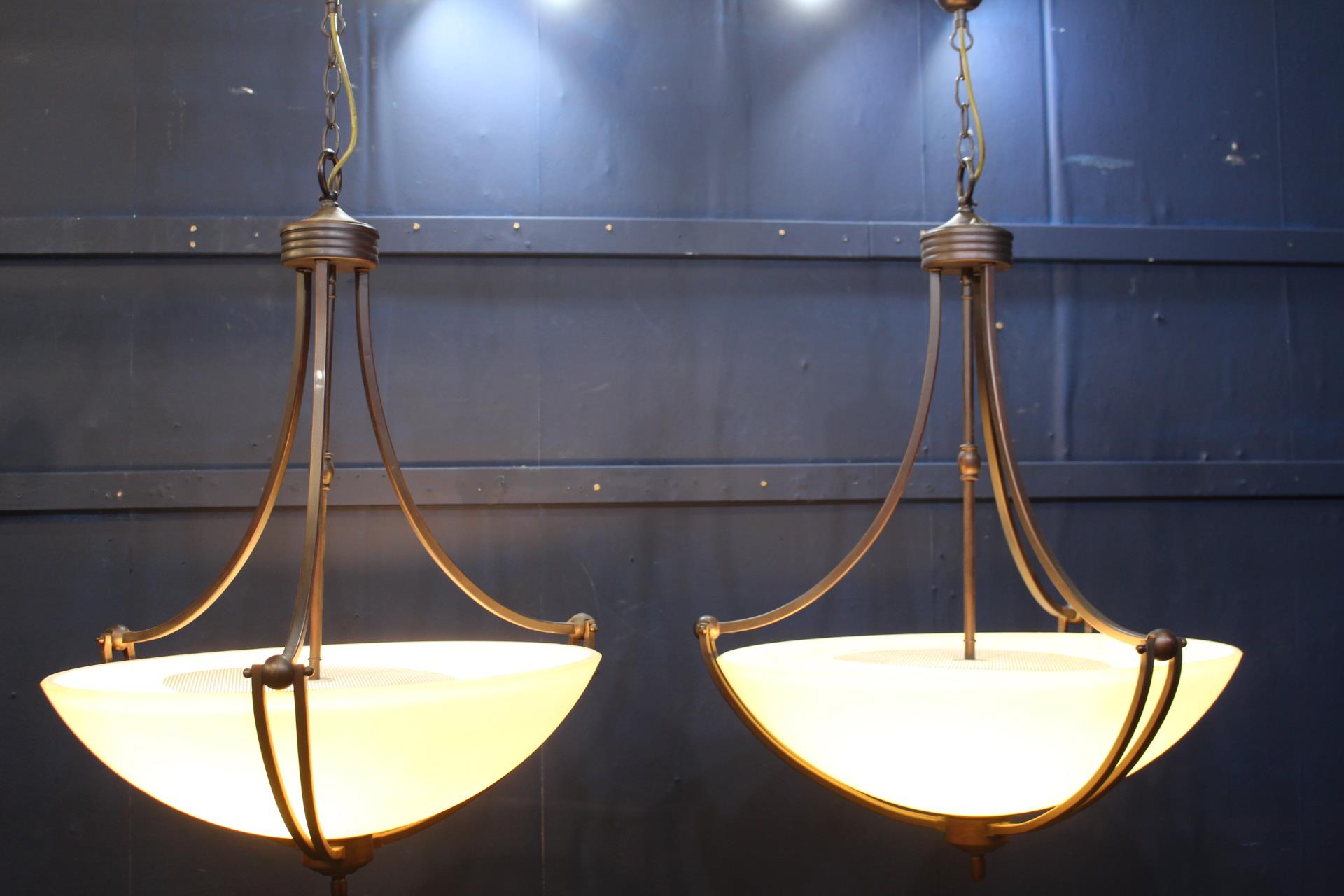 Pair of bronze hanging light with alabaster shades {H 100cm x Dia 56cm}. - Image 3 of 3