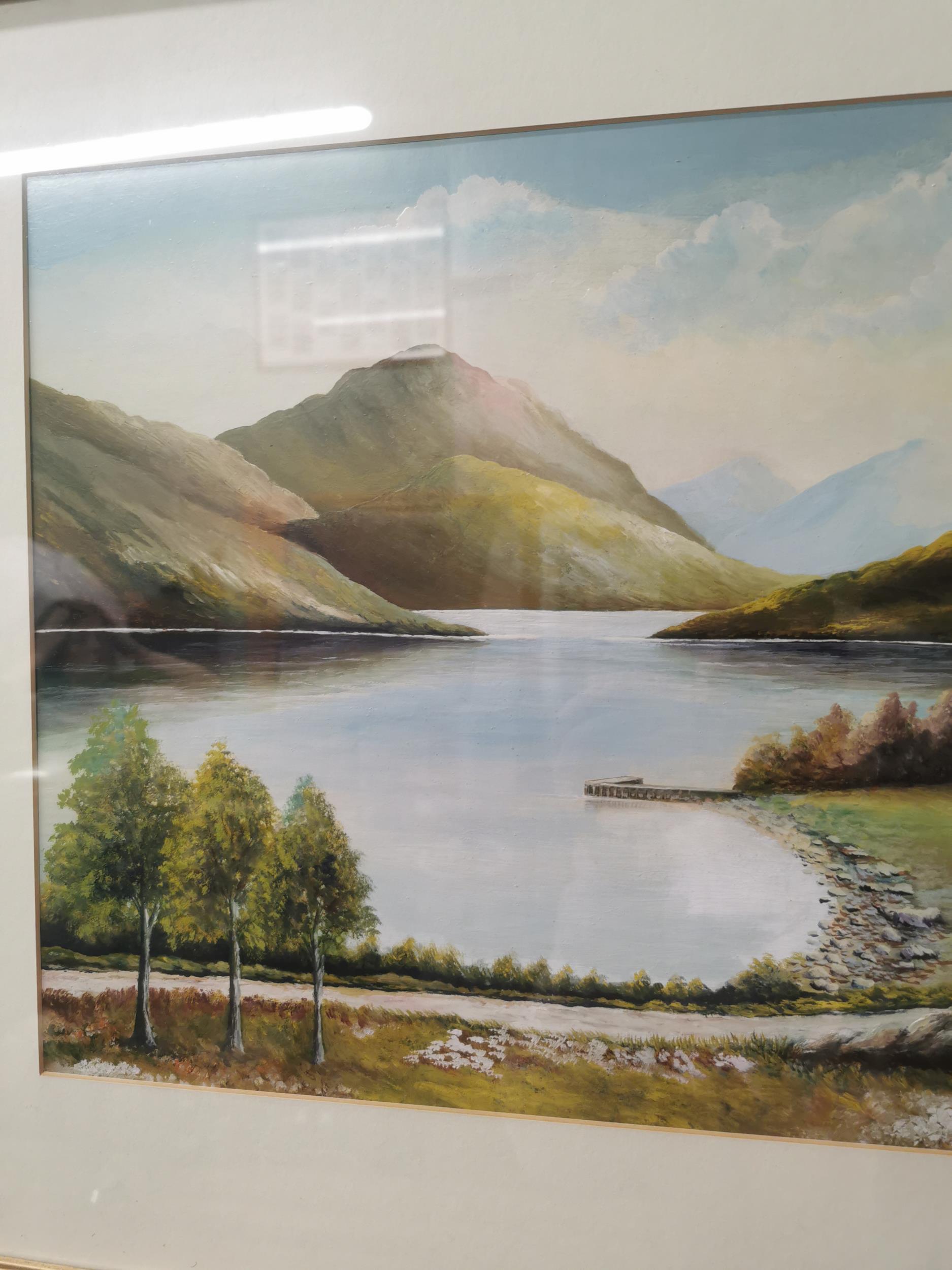 W. Hall Mountain Lake Scene framed Oil on Board {56cm H x 59cm W} - Image 3 of 3