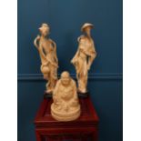 Pair of decorative Oriental figures and model of Buddha. Figures {50 cm H x 13 cm Diam} and