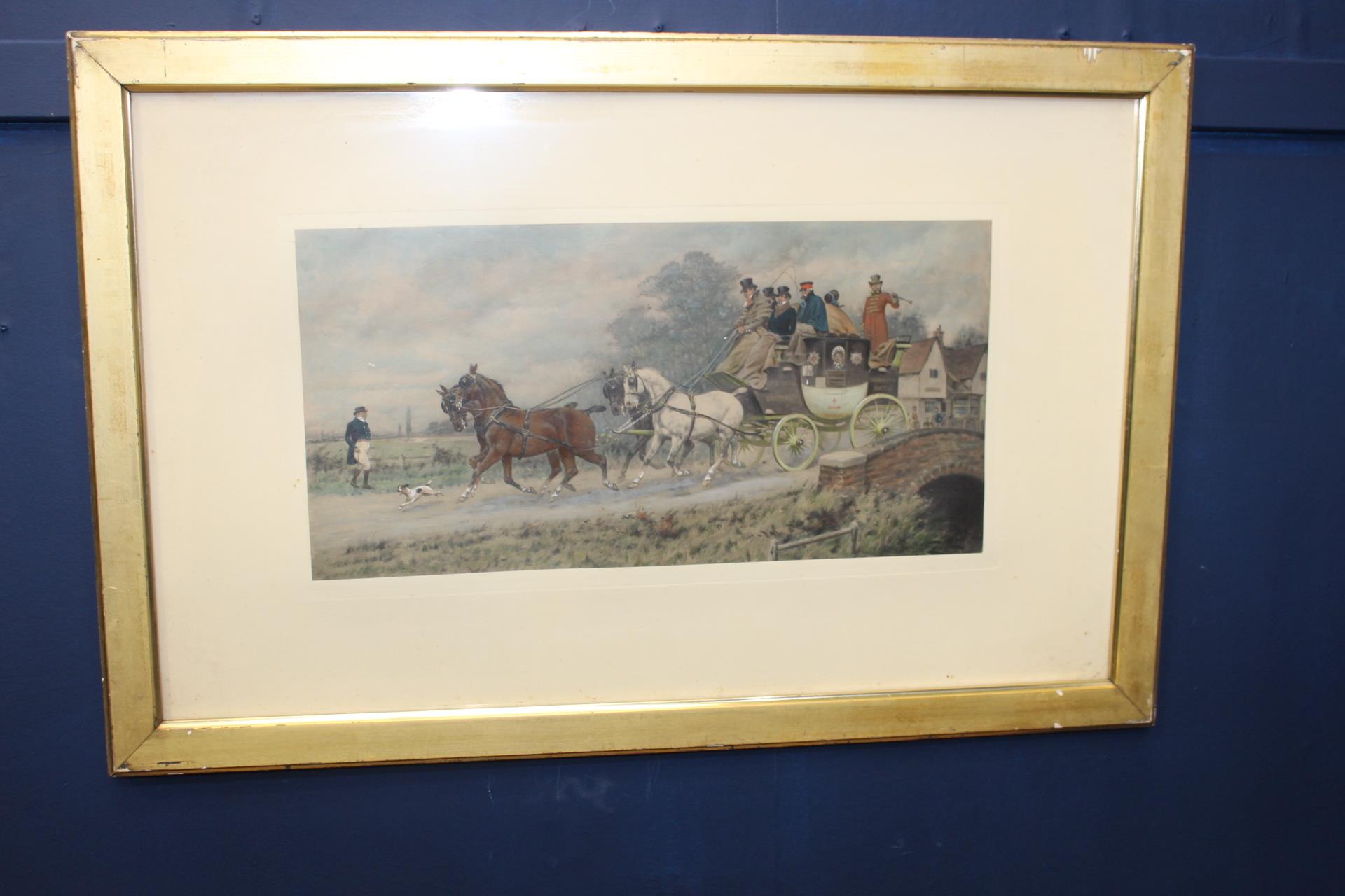 Pair of Coach and horse coloured prints mounted in gilt frame {H 51cm x W 76cm}. - Image 2 of 3