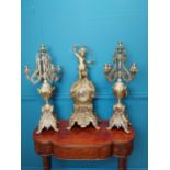 Three piece brass clock garniture { 77cm H X 30cm W X 22cm & 77cm H X 28cm Sq. }.