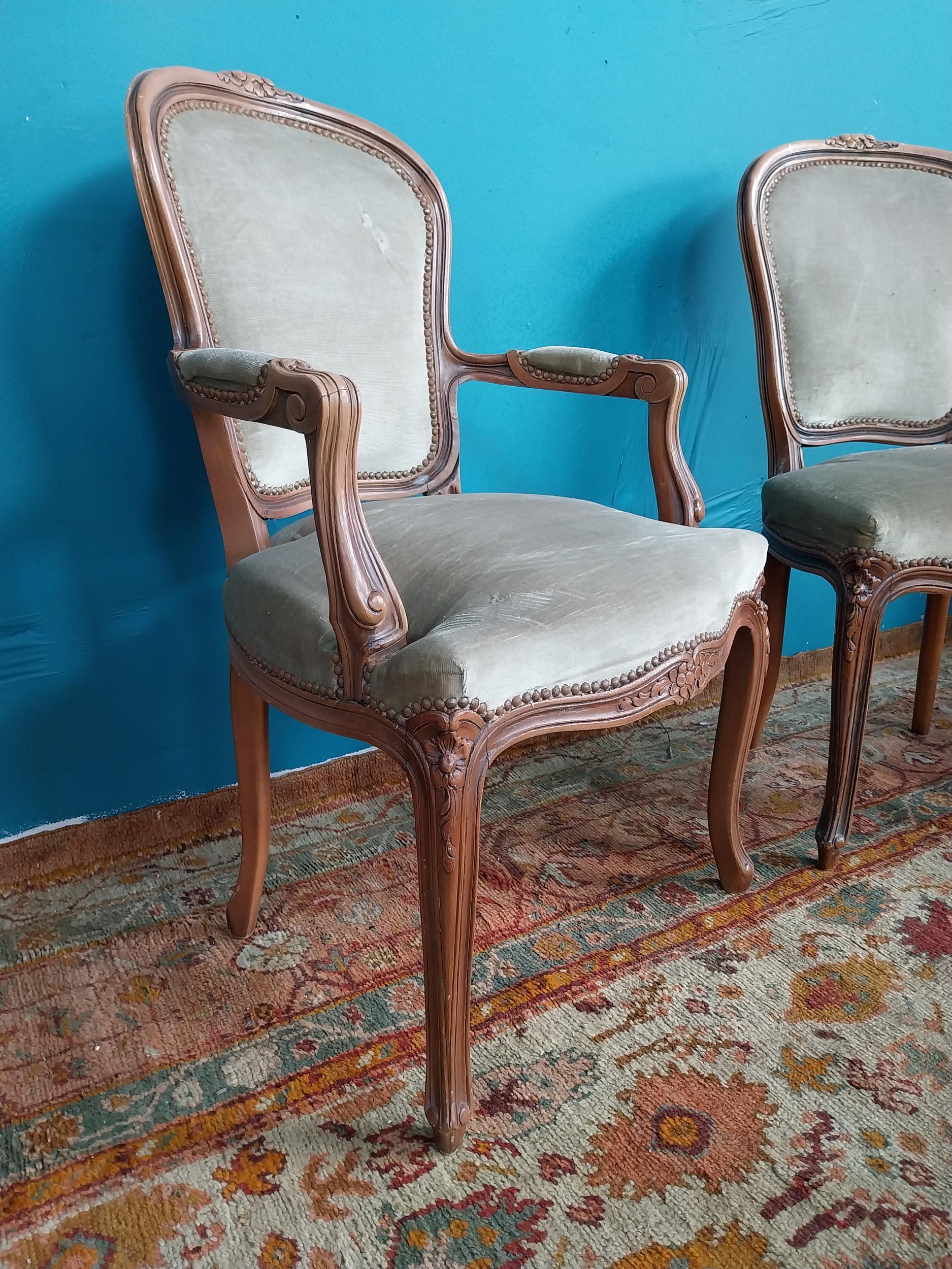 Pair of vintage French walnut and upholstered armchairs raised on cabriole legs and single chair {97 - Image 2 of 6