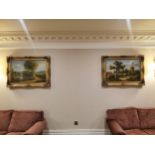 Pair of oil on canvas Countryside scenes mounted in gilt frames {82 cm H x 112 cm W}.