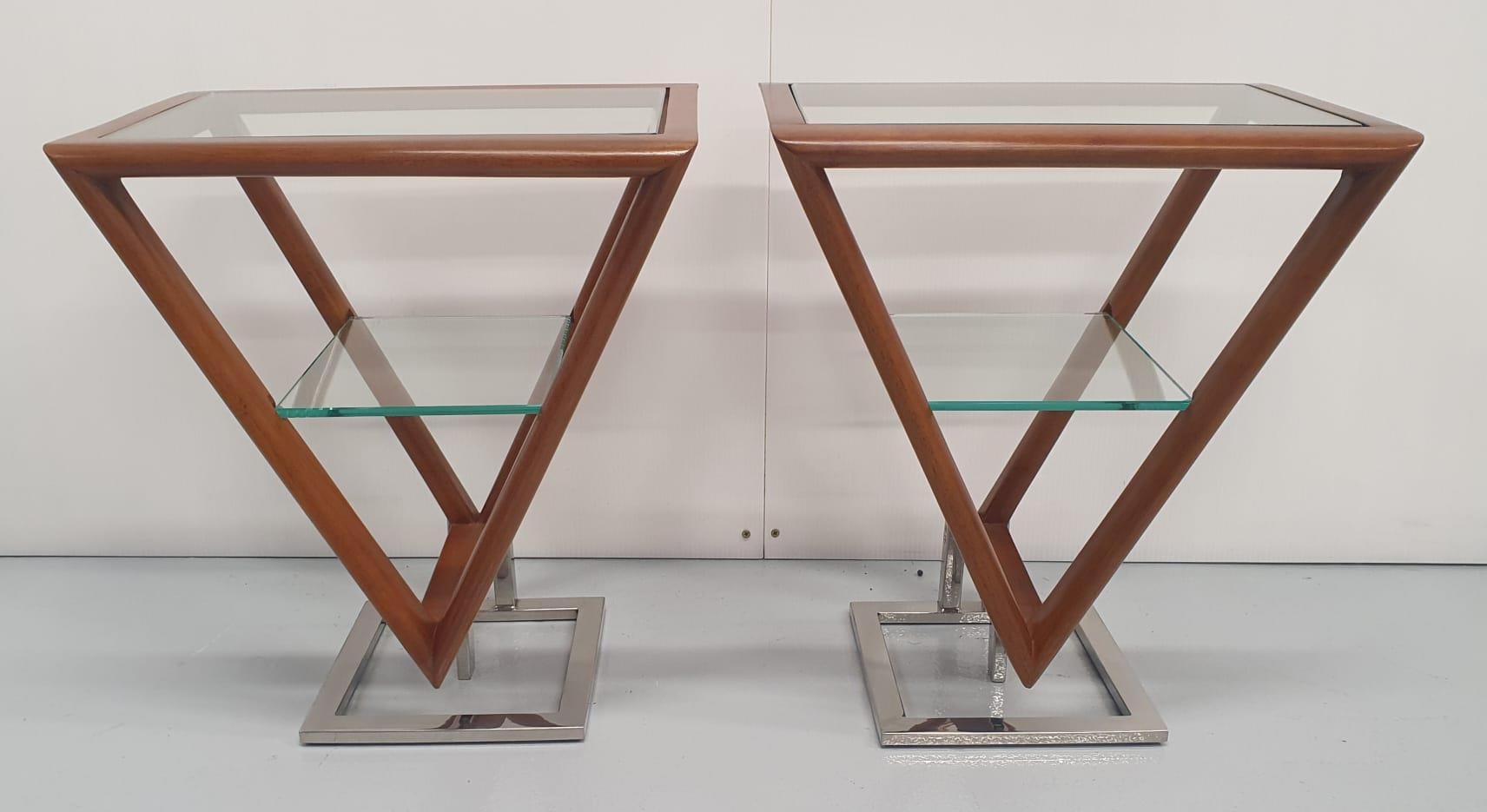 Pair of exceptional quality teak and chrome side tables with glass insert, in the Art Deco style {65