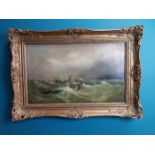 19th C. oil on canvas Storm at Sea scene mounted in gilt frame {52 cm H x 78 cm W}.