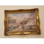 Seascape oleograph mounted in a decorative gilt frame {83 cm H x 120 cm W}.