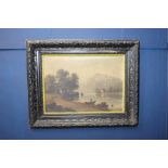 Early 19th C. River scene oil on canvas mounted in wooden frame {H 71cm x W 91cm x D 6cm}.
