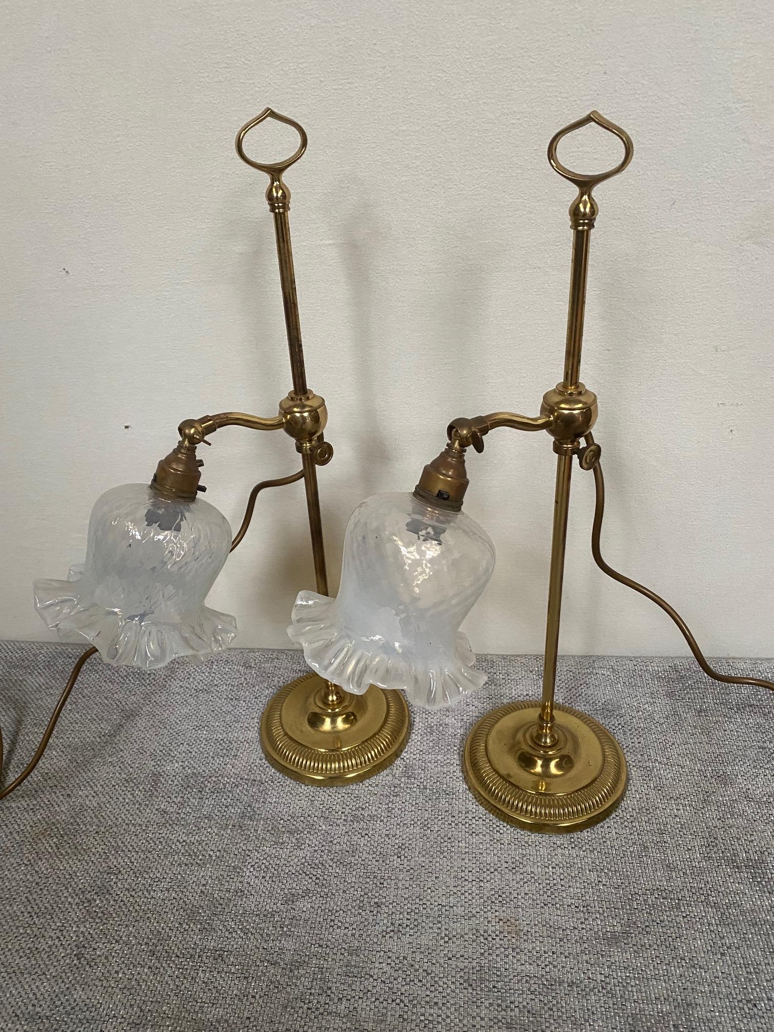 Pair of brass adjustable table lamps with glass tulip shades {55 cm H}. - Image 7 of 7