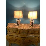 Pair of 19th. C. hand painted ceramic table lamps mounted on gilded bases the cartouches decorated