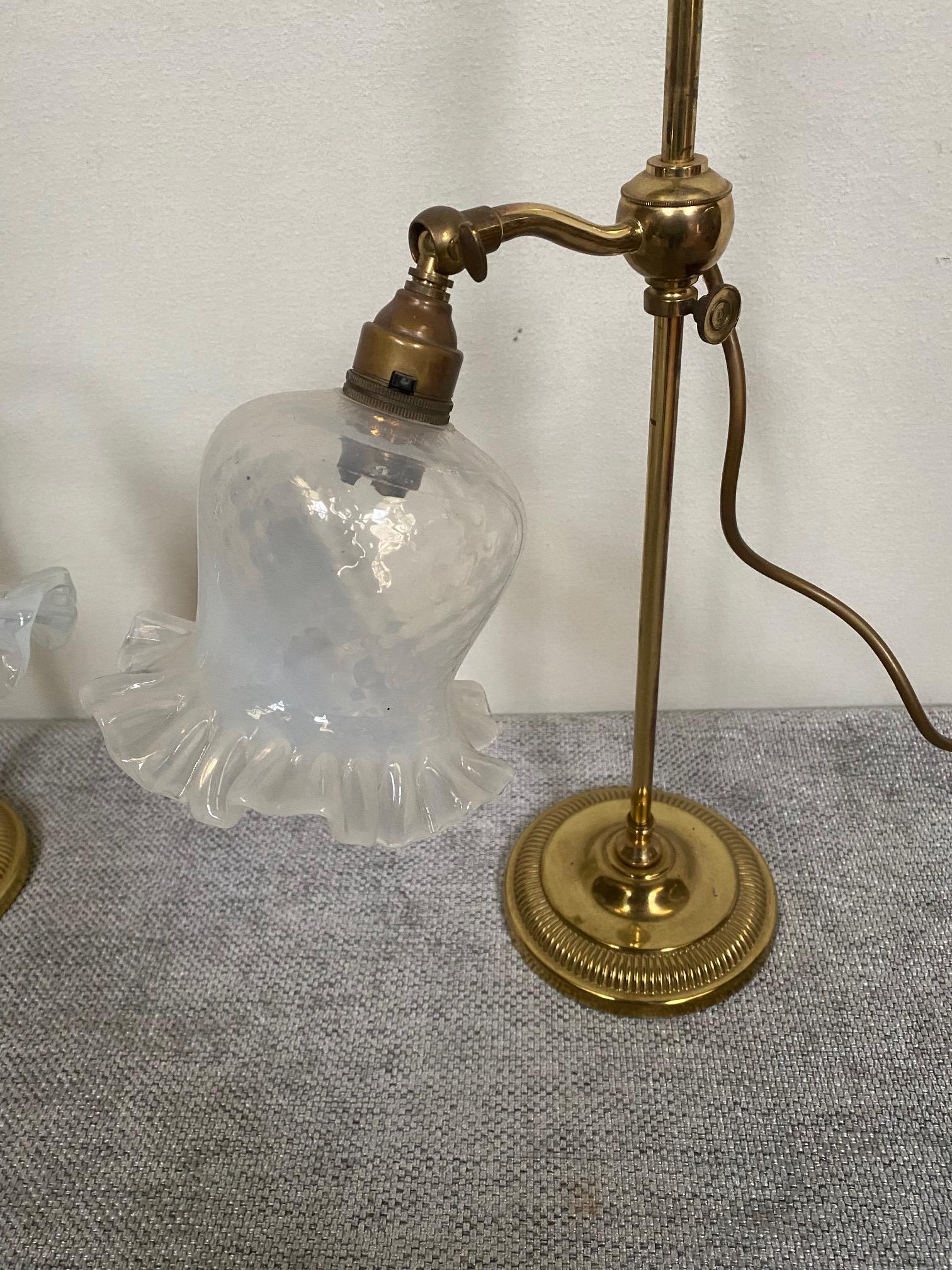 Pair of brass adjustable table lamps with glass tulip shades {55 cm H}. - Image 2 of 7