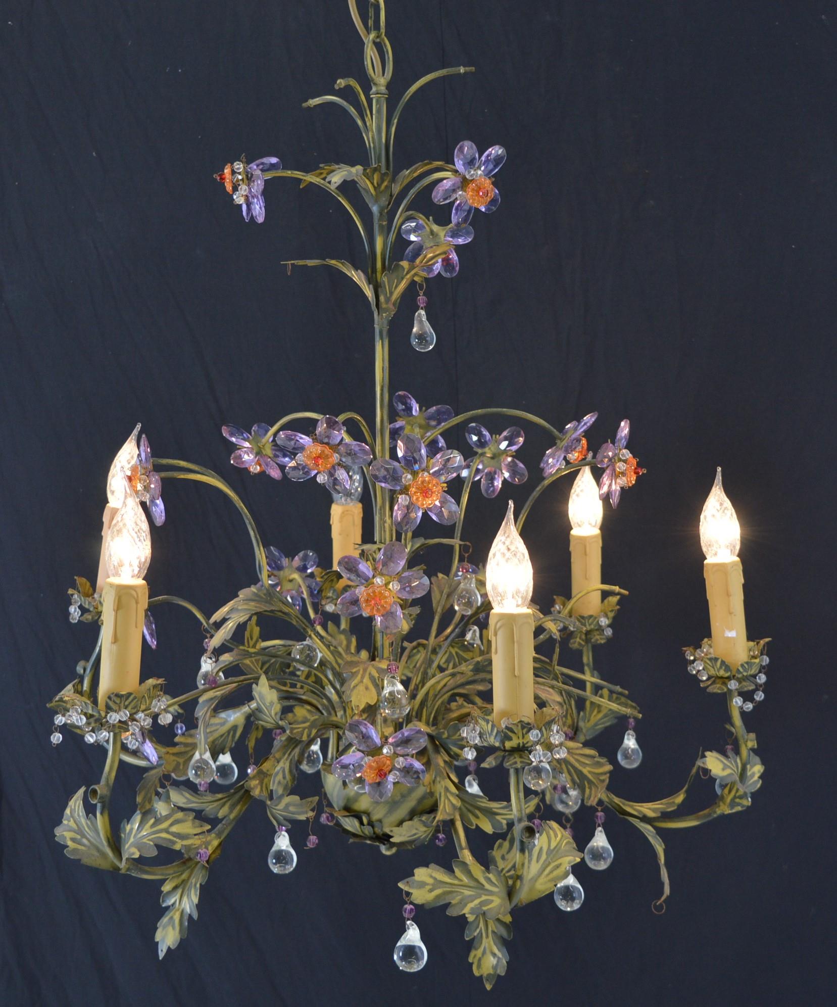 French ormolu and coloured glass chandelier.{71 cm H x 52 cm W}.