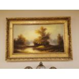 Oil on canvas River scene in mounted gilt frame {79 cm H x 117 cm W}.