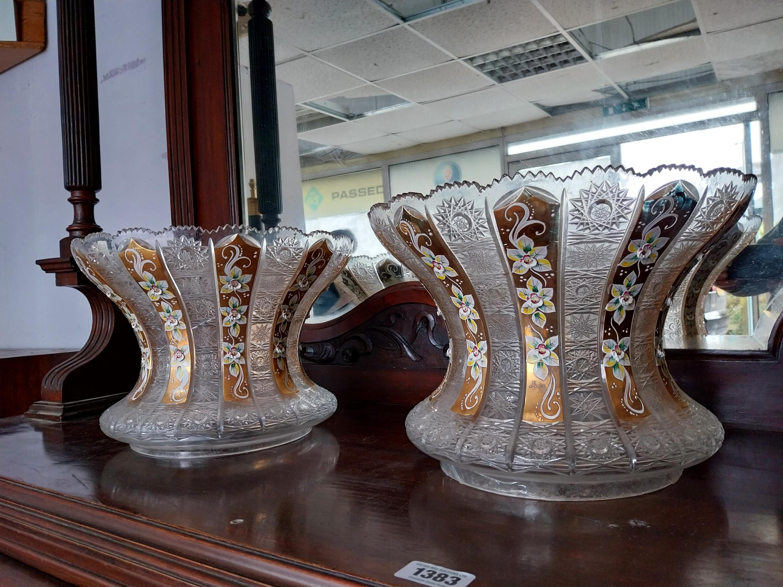 Pair of Bohemian cut crystal shades one with damage. {26 cm H x 36 cm Diam}.