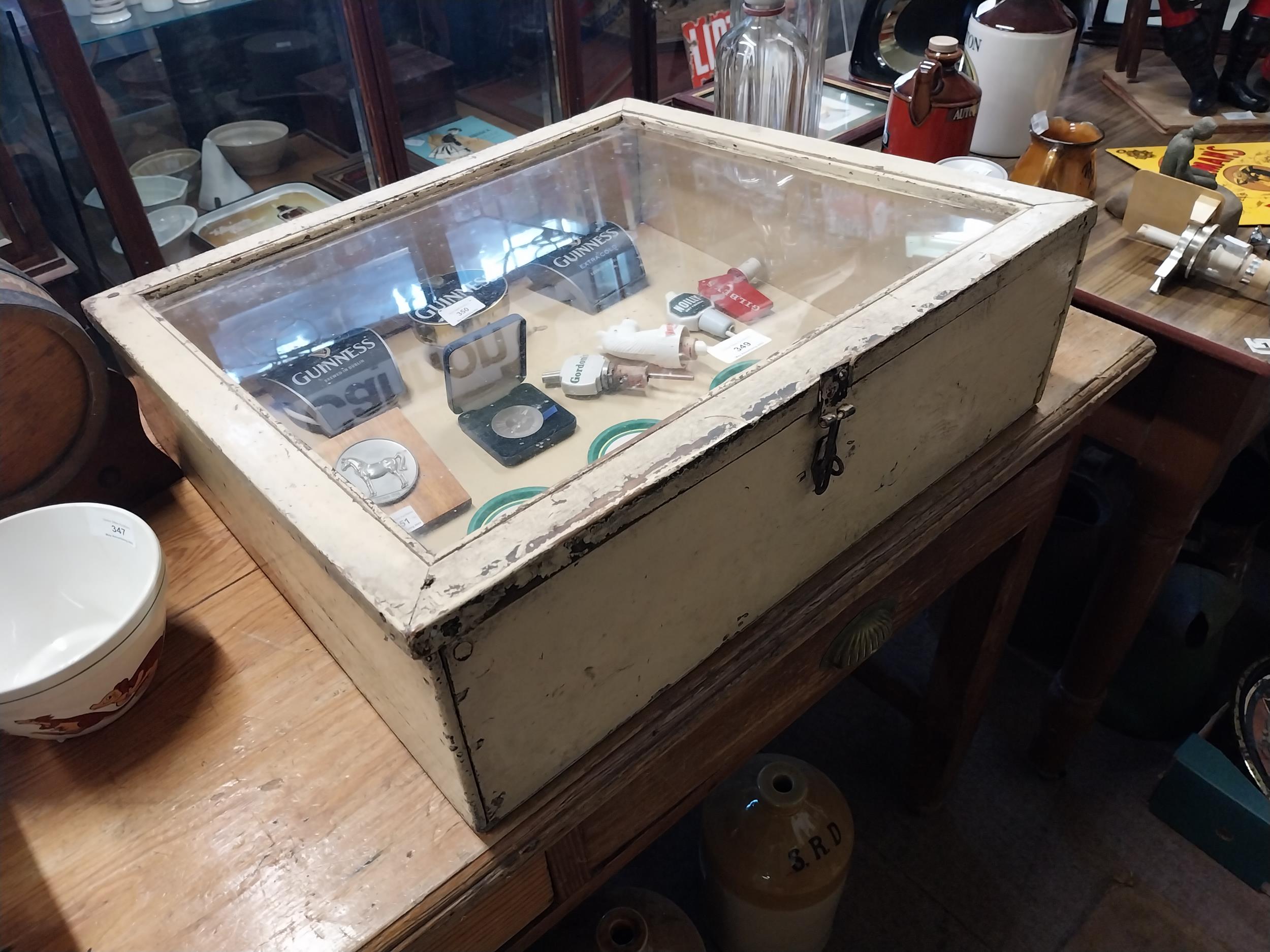 1920's painted pine glazed counter display cabinet. {9 cm H x 59 cm W x 53 cm D}.