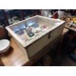 1920's painted pine glazed counter display cabinet. {9 cm H x 59 cm W x 53 cm D}.