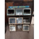 Early 20th C. Jacob's Biscuits display cabinet with nine biscuits tins. {100 cm H x 77 cm W x 42