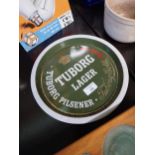 Tuborg Lager tin plate advertising drinks tray. {27 cm Diam}.