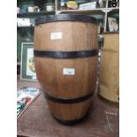 Copper bound oak barrel. {41 cm H x 26 cm Diam}.