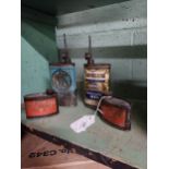 Munster Sims oil can, Excelene Lubricating oil tin and two small oil tins.