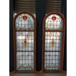 Pair of reclaimed arch topped stained glass windows {Each H 191cm x W 67cm x D 9cm}