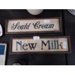 Scald Cream and New Milk framed advertising signs. {11 cm H x 38 cm W}.
