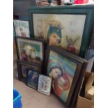 Collection of framed religious prints. Largest {81 cm H x 64 cm W} to smallest {19 cm H x 18 cm W}.