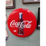 Coca Cola enamel circular advertisement. {47 cm Diam}.