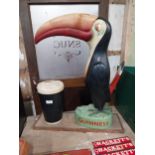 Original Guinness Toucan with pint glass on wooden plinth from the O'Conor Don pub London. {69 cm