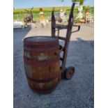 19th C. brewery wheelbarrow with metal bound barrel. {66cm H x 162 cm W x 68 cm D} and barrel {90 cm