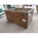 Morton and Co Belfast wooden crate. {22 cm H x 42 cm W x 28 cm D}.