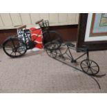 Miniature wrought iron Messenger bicycle {25 cm H x 47 cm W} and Tandem bicycle {19 cm H x 40 cm W}.
