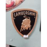 Lamborghini alloy advertising plaque. {21 cm H x 19 cm W}.