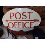 1950's enamel Post Office double sided sign with original metal bracket. {34 cm H x 46 cm W}.